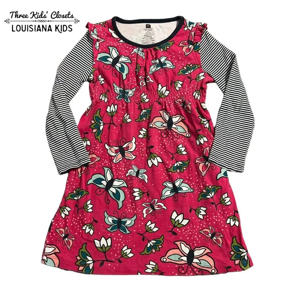 Tea Collection Sz 6 Pink Butterflies & Stripes Dress